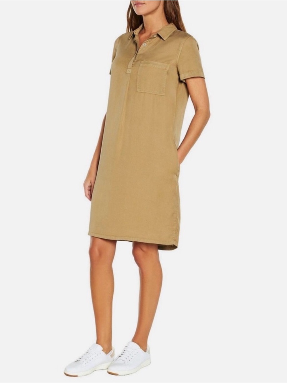 GAP Tan Short Sleeve Lyocell Shift Shirt Dress Pocket Utility Large Boho Resort